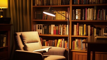 A cozy reading nook with a comfortable armchair, a floor lamp, and a bookshelf filled with books.