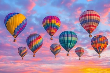 Fototapeta premium aerial view of hot air balloons on the peaceful sky with clouds and sunrise in the background, representing travel, adventure, freedom and floating
