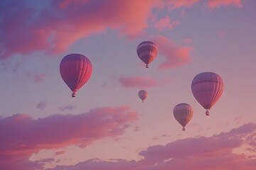 Obraz premium aerial view of hot air balloons on the peaceful sky with clouds and sunrise in the background, representing travel, adventure, freedom and floating