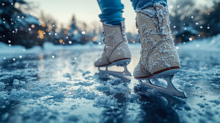A close-up view of skates on ice, capturing a figure skaters journey on a frozen pond with snow and ice crystals underfoot in a magical winter setting
