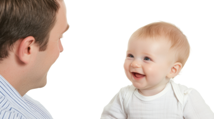 Father and kid are smiling.