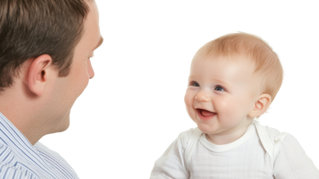 Father and kid are smiling.