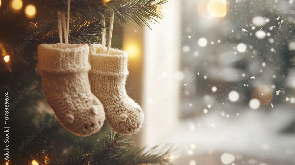 Aufkleber delicate knitted stockings adorned with a snowman design hang from the branches of a festive christm