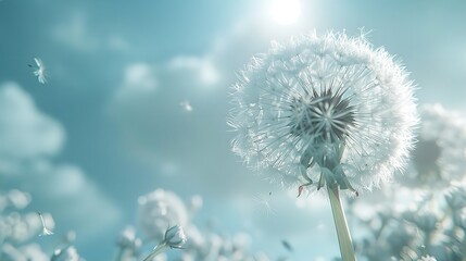 A field of dandelions with a single dandelion in the foreground at sunset with seeds.