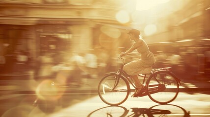 Woman Cycling Through Sunlit City Street in Sepia