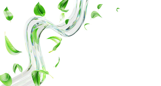 3d abstract liquid glass ribbon wave line with flying green leaves png render. Water splash with falling plant leaf on transparent background. Fresh foliage with clear fluid flow. 3D illustration