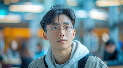 A backdrop of diverse colors illuminates an Asian student's introspective expression, marking his educational achievements