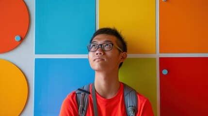A backdrop of diverse colors illuminates an Asian student's introspective expression, marking his educational achievements