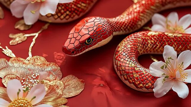 This animated banner highlights the festive spirit of the Chinese New Year, featuring a striking snake design among elegant floral motifs and vibrant colors celebrating the year of the snake