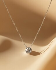 a close up of a diamond necklace on a beige background