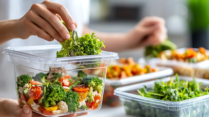 Obraz premium Person prepares fresh salads in compostable food containers to promote sustainability