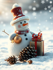 Snow man and Christmas tree. Christmas scene