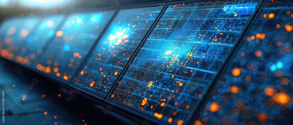 Poster futuristic digital panel displaying data patterns with bright light effects and vibrant colors, show