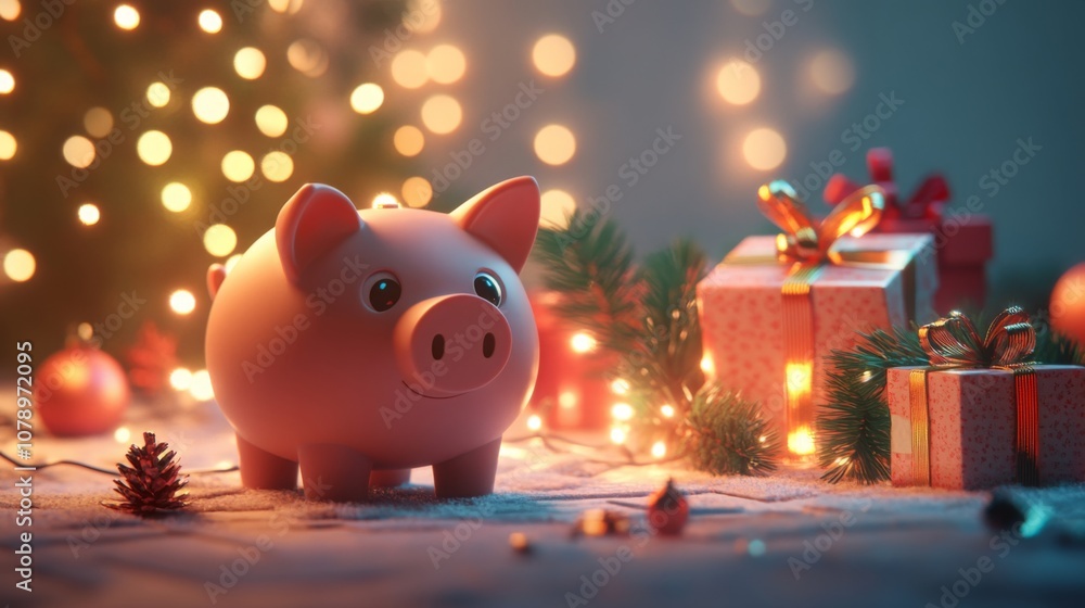 Aufkleber a pink piggy bank with a cute face sits in front of a christmas tree with white lights. the piggy ba