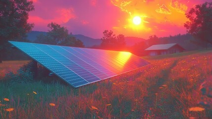 A vibrant sunset illuminating solar panels in a serene field, highlighting sustainable energy and nature's beauty