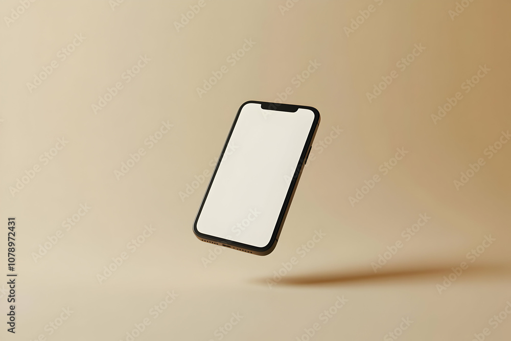 Poster black smartphone with blank screen floating above a beige background with a shadow.