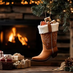 Western cowboy christmas clipart illustration. A festive cowboy boot, adorned with gifts, hangs from a tree, with a warm fireplace and wrapped presents creating a cozy holiday atmosphere.