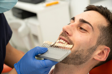 Close-up of dental shade matching for patient in dental office