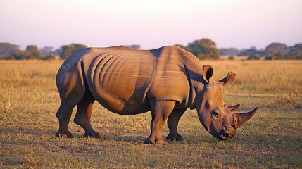 Fototapeta premium A large rhinoceros grazes in a grassy field at sunset.
