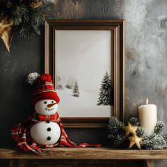 Portrait of Snowman on picture. Happy Christmas and New Year holidays.