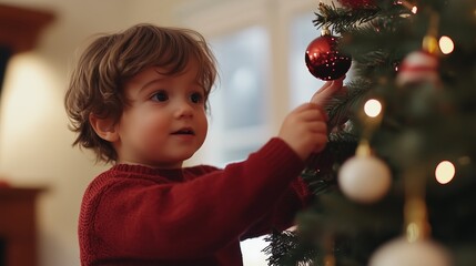 A young boy decorates a Christmas tree with a red ornament