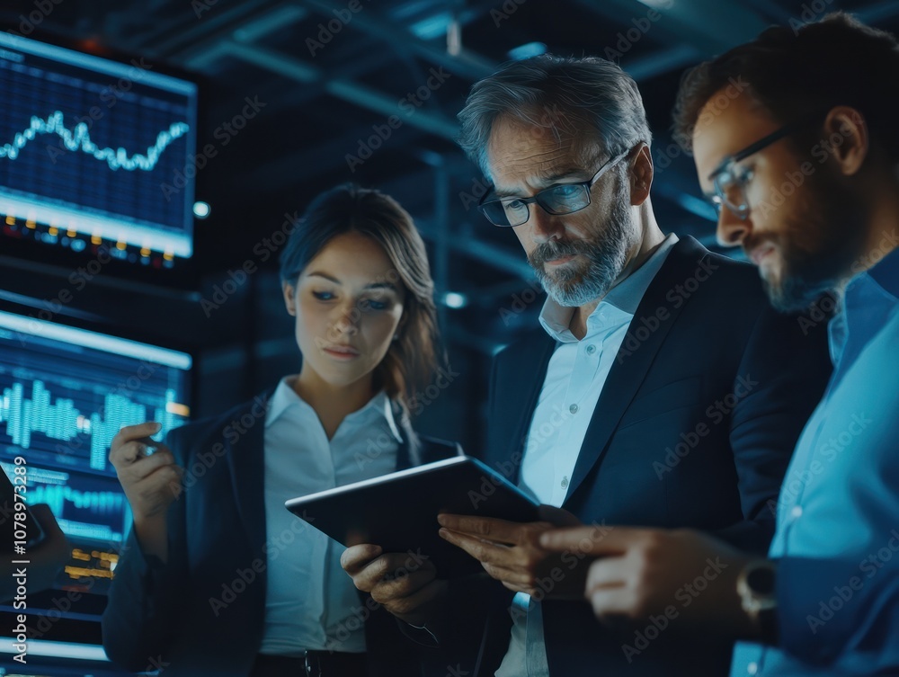 Poster business team working together. businessman using tablet for analyzing data stock market in monitori