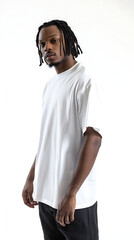 Maqueta camiseta blanca usada por un hombre modelo afroamericano 