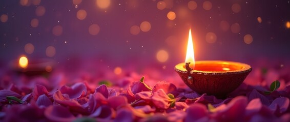 Glowing Diwali diyas with vibrant petals on a festive purple backdrop