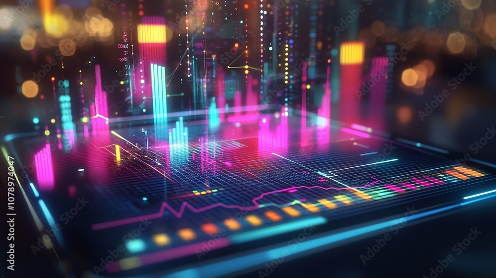 Poster glowing holographic graph interface projecting from digital tablet screen with interactive elements