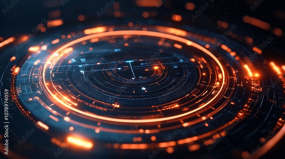 Poster circular radar chart with glowing animated data visualizations against futuristic backdrop