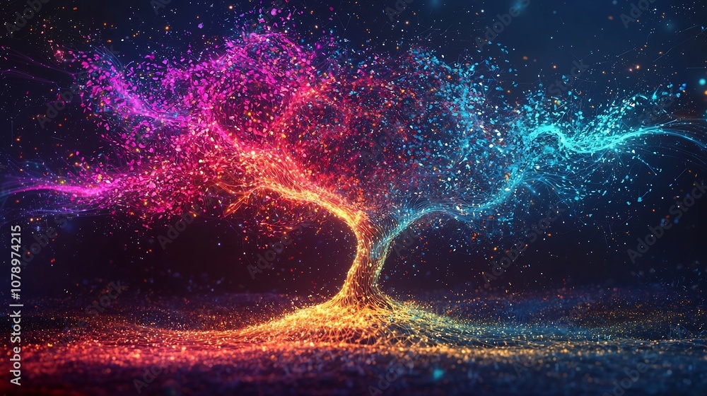 Poster glowing data tree representing complex biological information relationships