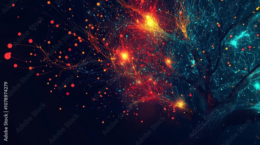 Poster glowing data relationship tree symbolizing biological growth and complexity