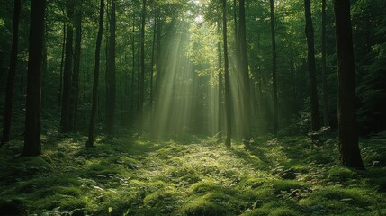 Obraz premium Sunlight streams through trees in a serene forest scene.