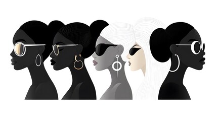 minimalist black and white ink drawing of women from various age groups and ethnicities, celebrating gender diversity
