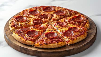  Sliced Pepperoni Pizza on Round Wooden Board, White Marble Tabletop with Copy Space