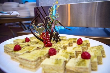 Delicious colorful decorated baked sweet tasty party cakes or catering cakes for party, bar dessert selection with cake, pie and pastries catering banquet, coffee break buffet at a conference content