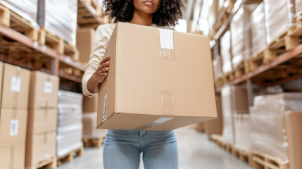 Woman carrying cardboard box in warehouse, logistics concept, background