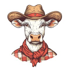 Cow wearing a cowboy hat and bandana.
