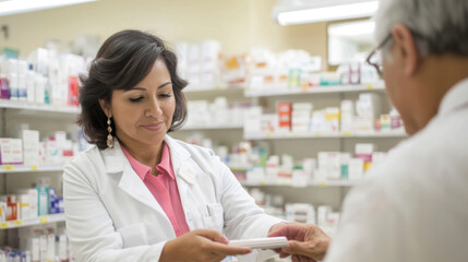 Obraz premium Smiling female latin american pharmacist standing in pharmacy with shelves of medicine in background