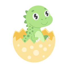 A green dinosaur is sitting in an egg. The dinosaur is smiling. The egg is yellow. The dinosaur is looking at the camera