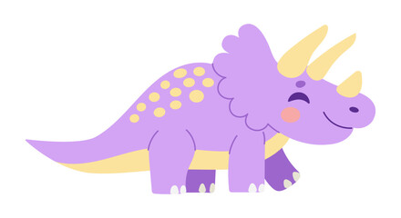 A purple dinosaur with yellow spots is smiling. It has three horns on its head. The dinosaur is walking on a white background