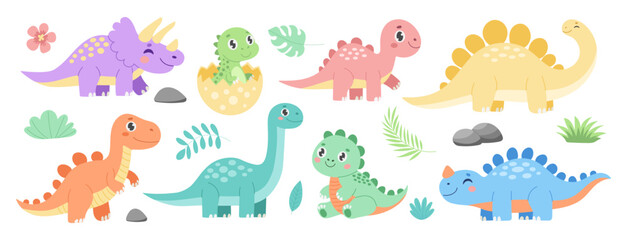 A group of cartoon dinosaurs with one of them sitting on a rock. The dinosaurs are of different sizes and colors © MariiaMart