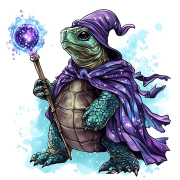 A cute cartoon turtle wearing a wizard hat and robe, holding a glowing staff.