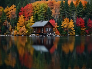A Wooden Cabin Reflects in Still Autumnal Water