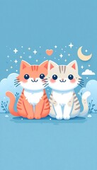 Two adorable cartoon cats smiling, sitting together on a blue background