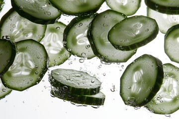 Floating Slices Freshly Cut Cucumber Slices Submerged in Water Against a Clean White Background