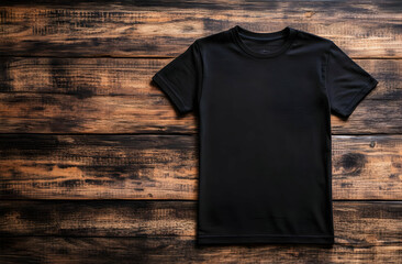 Blank black t-shirt on a wooden background, perfect for your design or text.