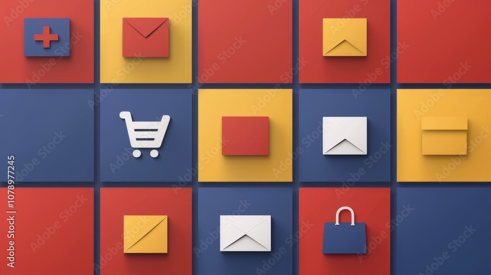 Poster abstract pattern of colorful squares with simple icons of a shopping cart, plus sign, and envelopes.