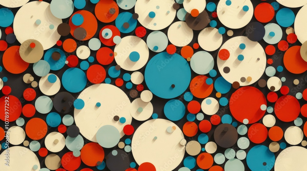 Poster abstract pattern of colorful circles with shadows on a black background.