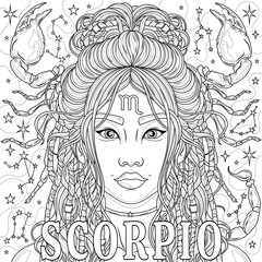 Scorpio Woman.Astrological Zodiac Sign.Coloring book antistress for children and adults. 
